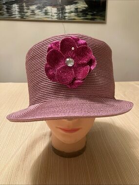Chic Metallic Pink Cloche Hat with Sparkle Flower Accent